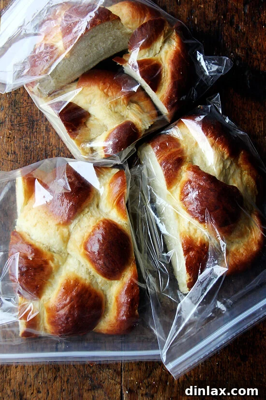Bagged Challah bread, ready for storage or freezing to preserve its freshness.