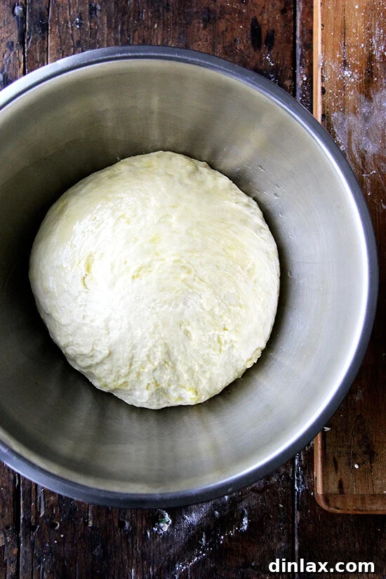 Challah bread dough transferred to a lightly oiled bowl, covered and ready for bulk fermentation.