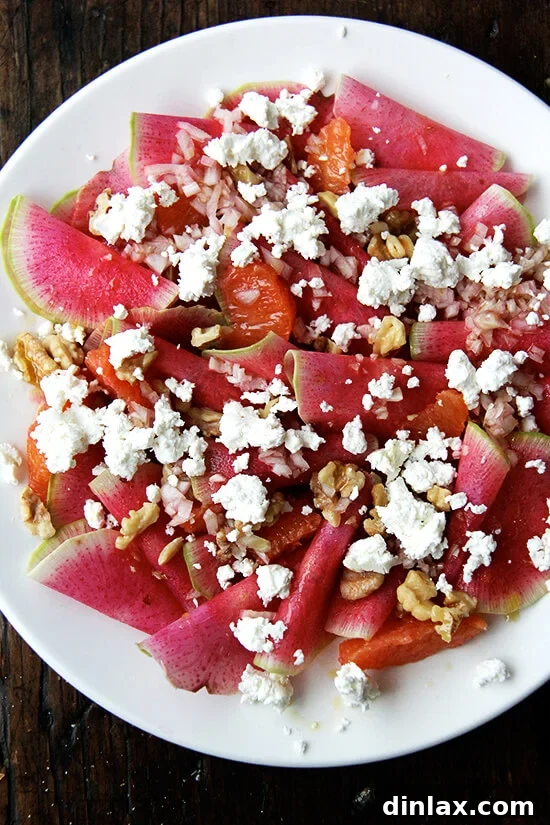 Vibrant Watermelon Radish, Orange, and Goat Cheese Salad 6 Assembled salad with watermelon radishes, goat cheese, walnuts, and oranges on a plate, awaiting dressing.