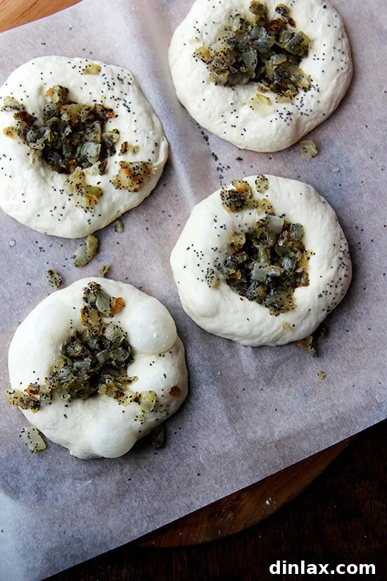 Your Guide to Perfect Homemade Bialys 13 A close-up of bialys on a pizza peel, showcasing their bubbly, airy dough before baking.