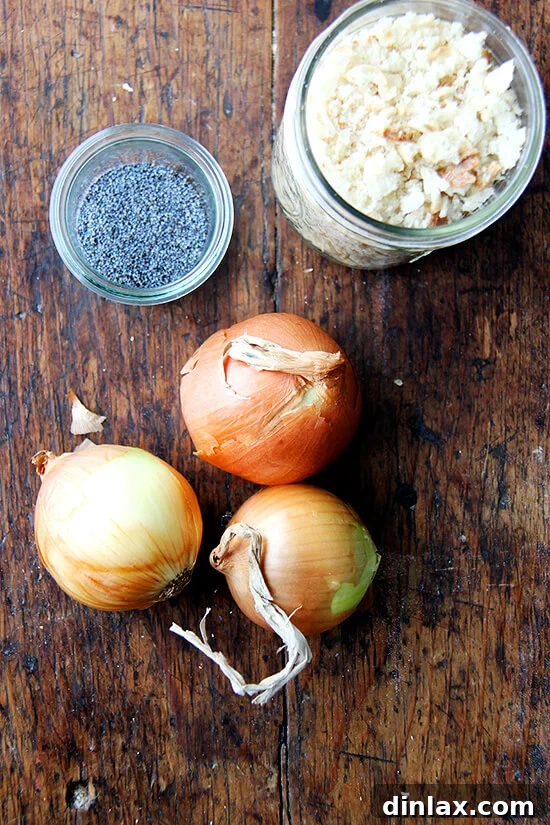 Your Guide to Perfect Homemade Bialys 7 Ingredients for bialy filling: fresh onions, poppy seeds, and bread crumbs laid out on a table.