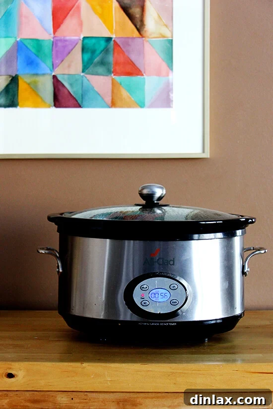 An elegant All-Clad slow cooker sitting on a kitchen countertop, ready to prepare a delicious slow-cooked meal.