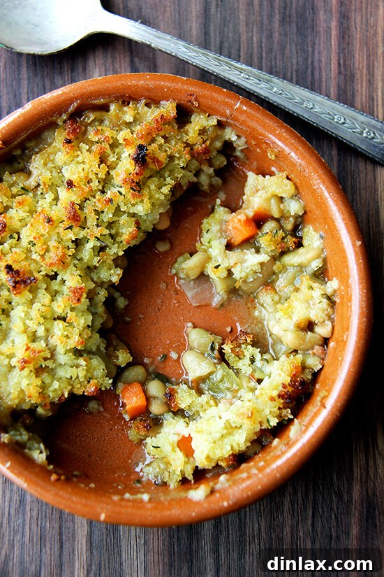 The final irresistible dish: golden, bubbly gratinéed flageolet beans, hot from the oven.