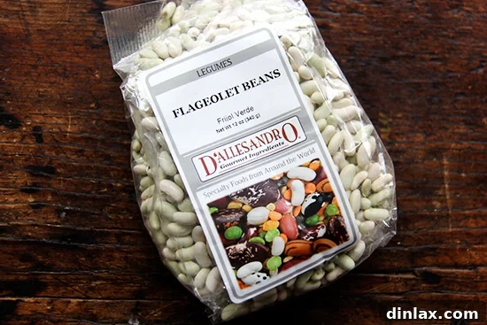 Close-up of dried flageolet beans, ready for cooking.