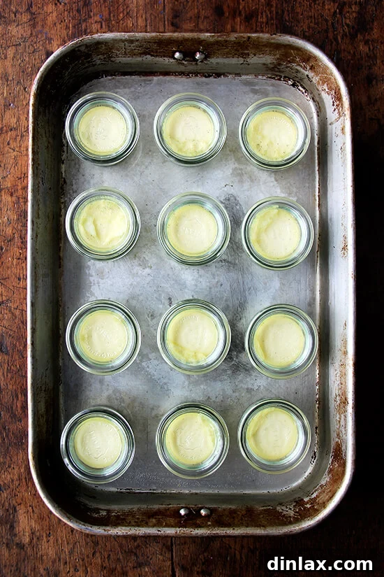 Velvet Vanilla Bean Custard 9 Freshly baked Pots de Crème, delicate and perfectly set, just removed from the oven and water bath.