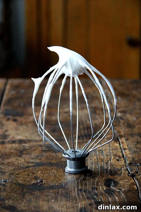 Julia Child's Signature Chocolate Mousse 4 Close-up of perfectly beaten egg whites, demonstrating their glossy, stiff, yet yielding peaks, ready for folding into the chocolate base.