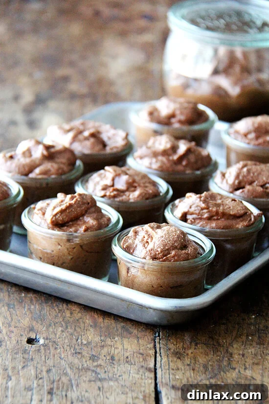 Julia Child's Chocolate Mousse: A Timeless, Make-Ahead Valentine's Day Dessert with a Unique, Lightly Chewy Texture from Beaten Egg Whites. Individual portions of rich chocolate mousse served in small glass Weck jars, ready for chilling or serving, indicating its make-ahead convenience.