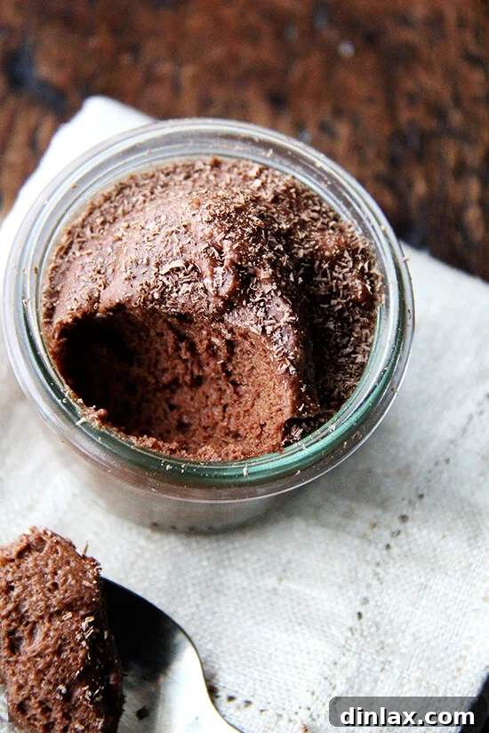 Julia Child's Chocolate Mousse: A Timeless, Make-Ahead Valentine's Day Dessert with a Unique, Lightly Chewy Texture from Beaten Egg Whites. An elegant overhead shot of a small glass filled with chocolate mousse, accompanied by a spoon, highlighting its refined presentation.