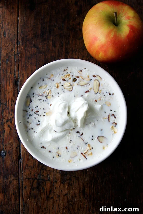 A close-up view of muesli mix soaking in milk and yogurt within a bowl, illustrating the initial step of softening the grains for Bircher muesli.