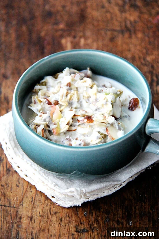 A ready-to-eat bowl of Bircher muesli, perfectly soaked and garnished, demonstrating its enticing texture and wholesome appeal.