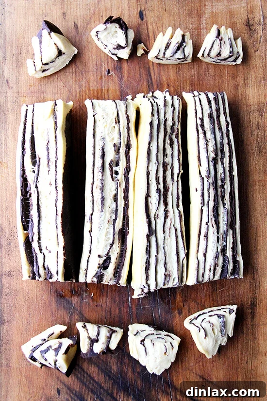 Mastering Chocolate Swirl Babka 8 A chocolate-filled babka dough coil being cut lengthwise to prepare for the twisting and braiding step.