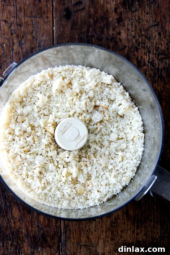 Day-old peasant bread pulsed into fine crumbs in a food processor.