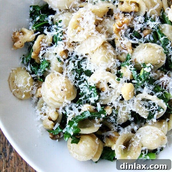 A heartwarming bowl of Orecchiette with Swiss chard, brown butter, and toasted walnuts, a perfect blend of nutty and earthy flavors.
