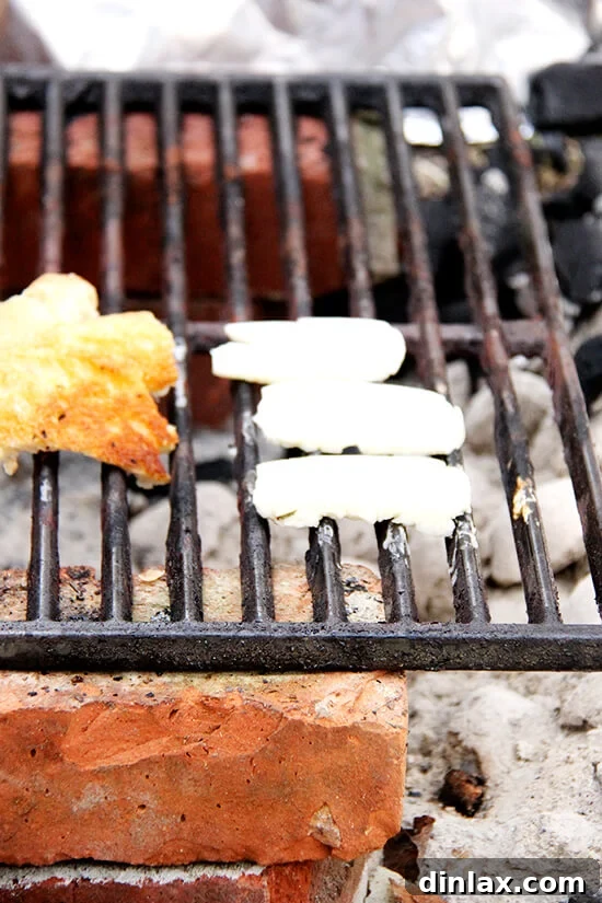 Slices of delicious halloumi cheese sizzling on the grill, a perfect savory appetizer for the Easter feast.