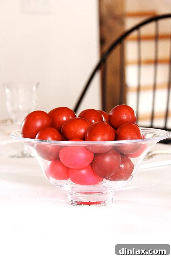 A collection of beautifully dyed vibrant red eggs, ready for the traditional Greek Easter tsougrisma egg-cracking game.