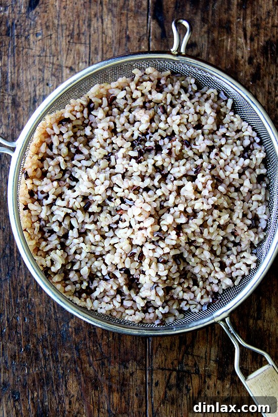 Fluffy, perfectly cooked rice blend, individual grains visible and ready to be incorporated into the fried rice.