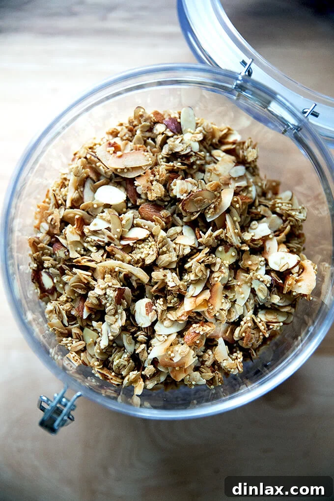 A beautifully styled bowl of coconut oil granola, ready to be served.