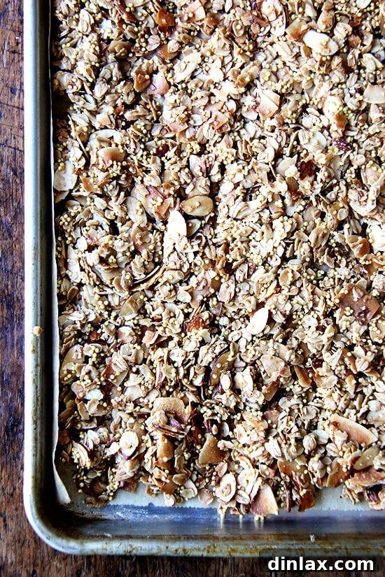 Freshly baked coconut oil granola, just out of the oven, golden and fragrant.