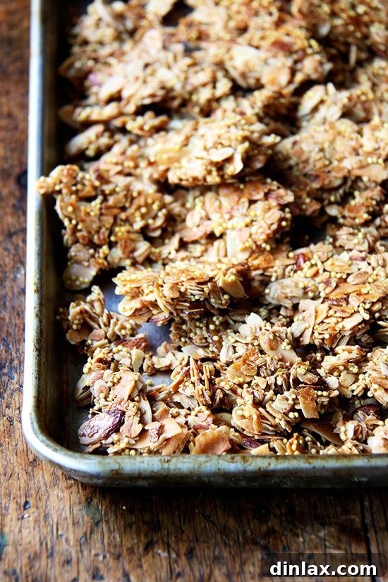 A bowl of homemade granola with large, satisfying clusters, ready to be enjoyed.