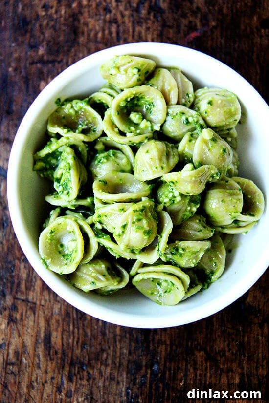 Ramp Pesto Pizza and Pickled Ramps 17 Orecchiette pasta tossed with vibrant ramp pesto, ready to serve.