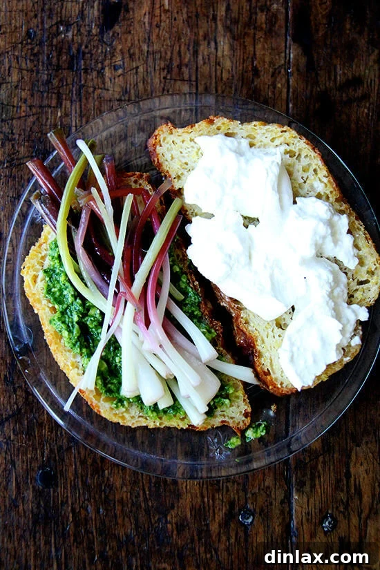 Ramp Pesto Pizza and Pickled Ramps 18 A gourmet sandwich featuring ramp pesto, pickled ramps, and creamy burrata cheese.