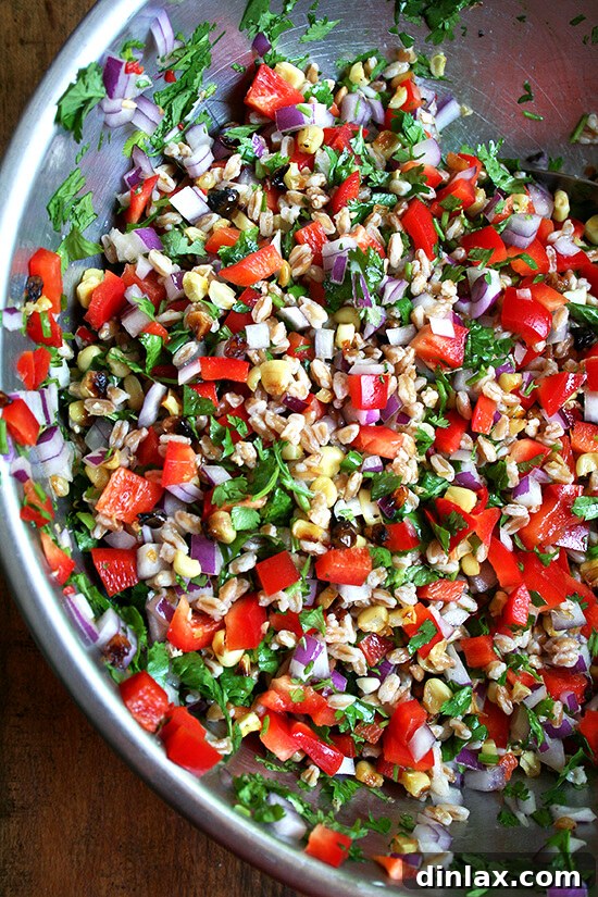 A hearty summer farro salad featuring roasted corn, red peppers, and red onions, a perfect picnic side.