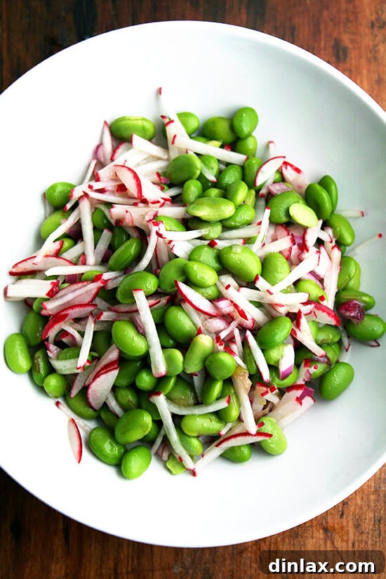 A refreshing edamame and radish salad, offering a unique crunch and vibrant flavors.