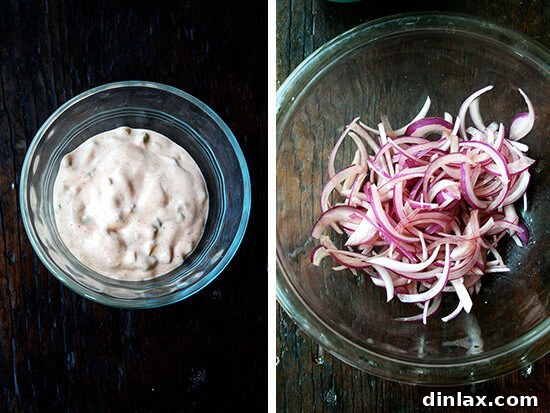 Homemade burger condiments: secret sauce and quick-pickled red onions, ready to enhance any burger.