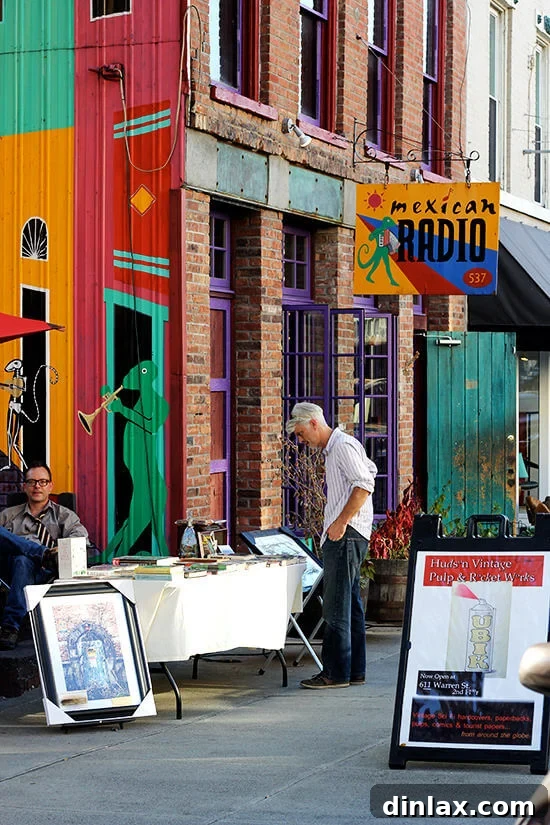 Canal House Spring Shaved Asparagus and Arugula Salad 18 The exterior of Mexican Radio restaurant, illuminated at night in Hudson.