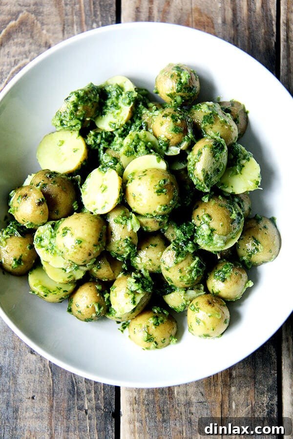 Green harissa new potatoes served on a platter