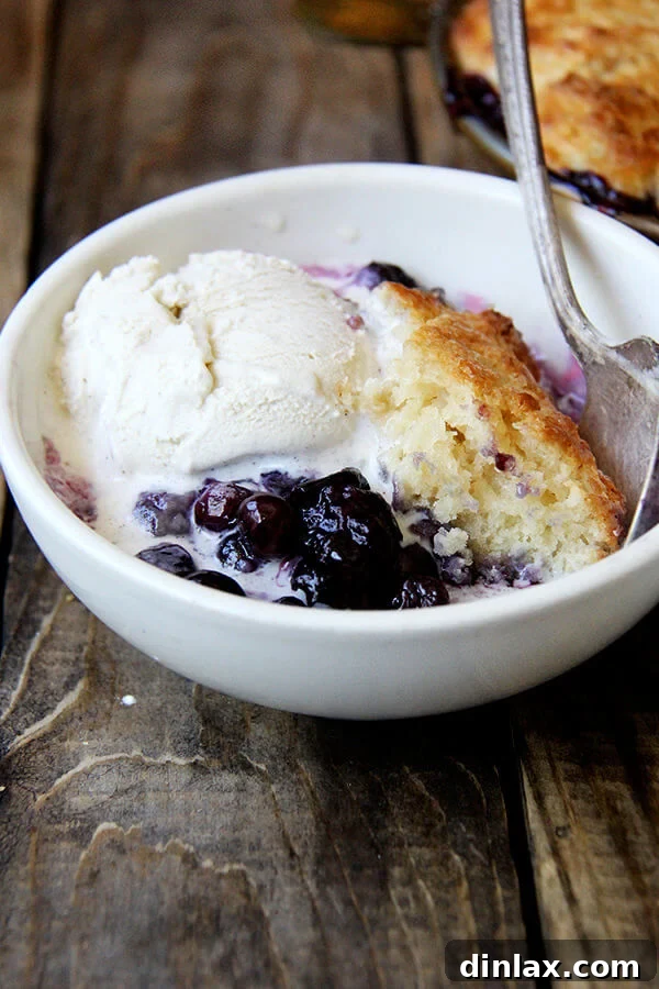Close-up of a delectable blueberry cobbler, showcasing its irresistible texture and generous fruit filling. A close-up shot revealing the tender, flaky biscuit topping and the vibrant blueberry filling of the cobbler, with a spoonful of ice cream.