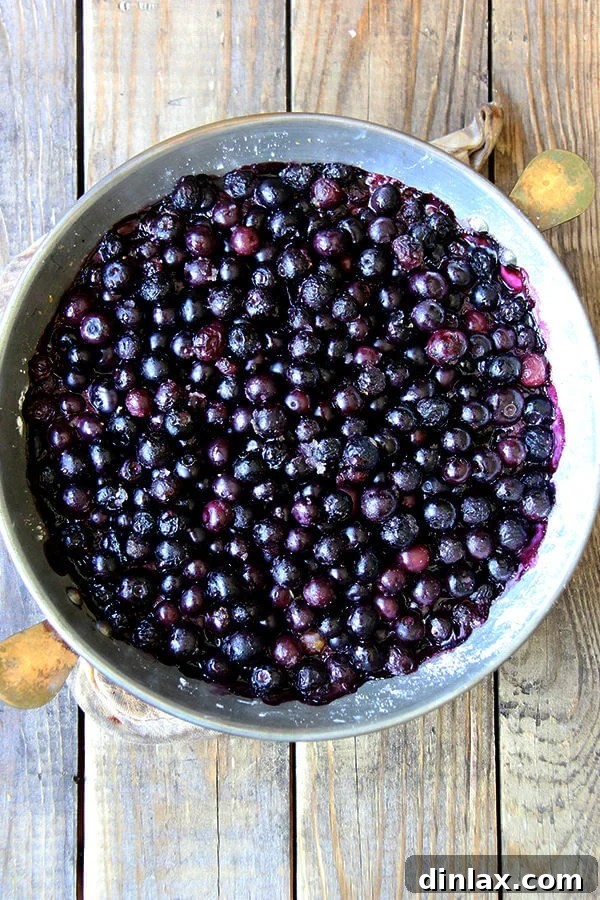 Sunshine Lemon-Berry Cobbler 4 A pie dish filled with oven-baked blueberries, gently bubbling around the edges, preparing for the biscuit topping.
