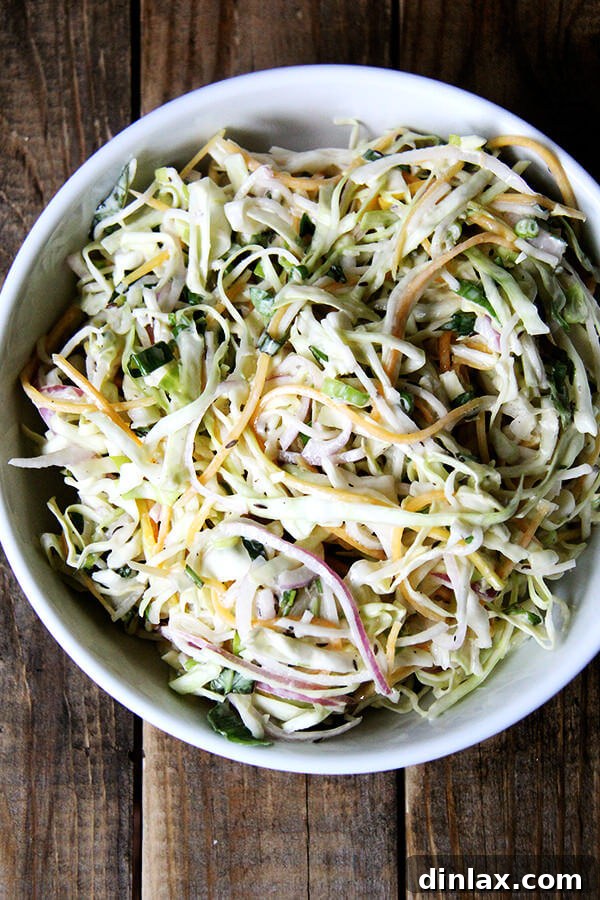 This is my favorite recipe for buttermilk dressing, which I love for slaw — so much lighter than mayonnaise-based dressings, and delicious, too: vinegar, Worcestershire, and hot sauce give it a nice kick/bite. To put it all together, I used cabbage, basil, cilantro, scallions, and two turnips as well as a couple of carrots. // alexandracooks.com A bowl of freshly prepared buttermilk cabbage slaw, featuring thinly shredded cabbage, basil, cilantro, scallions, carrots, and turnips, lightly coated in a creamy, tangy dressing. It might not be the most colorful, but it's incredibly delicious and refreshing.