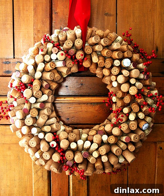 Stunning wine cork wreath, a beautiful and sustainable decoration for the holidays or year-round display. This handcrafted piece showcases the beauty of repurposed materials.