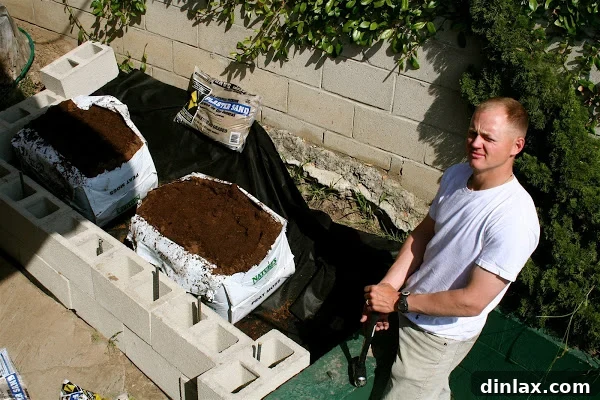 A newly constructed cinder block garden bed, ready for soil and planting.