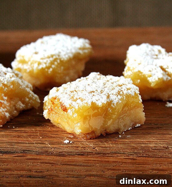 A close-up of beautifully cut, powdered sugar-dusted classic lemon bars.