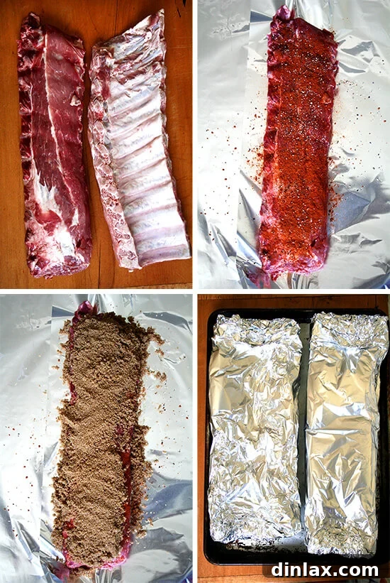 A three-panel overhead view showcasing the step-by-step preparation of oven-baked baby back ribs: raw ribs, ribs seasoned with spices and brown sugar, and finally, ribs tightly wrapped in aluminum foil ready for baking.