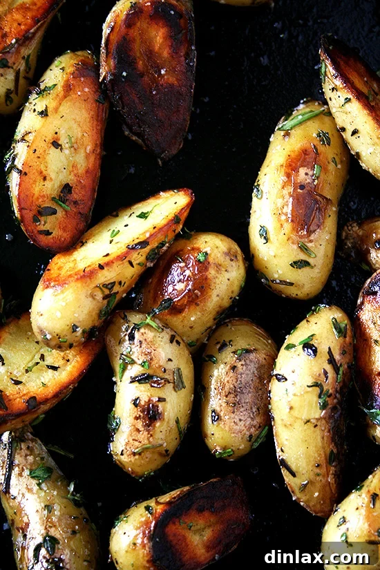A cast iron skillet filled with beautifully crisped fingerling potatoes, garnished with fresh rosemary and thyme.