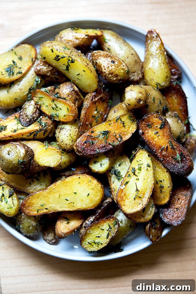 A beautifully arranged plate of crispy fingerling potatoes, ready to be served.