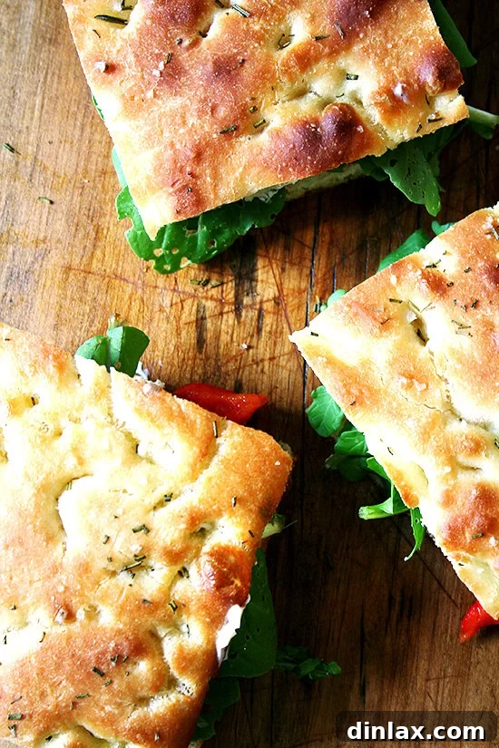 Delicious Roasted Red Pepper and Arugula Sandwiches on freshly baked Homemade Focaccia