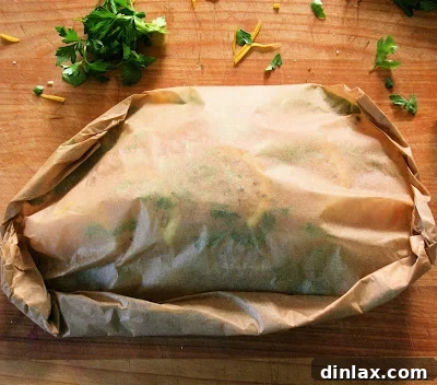 A beautifully prepared fish en papillote, presented ready to be savored.