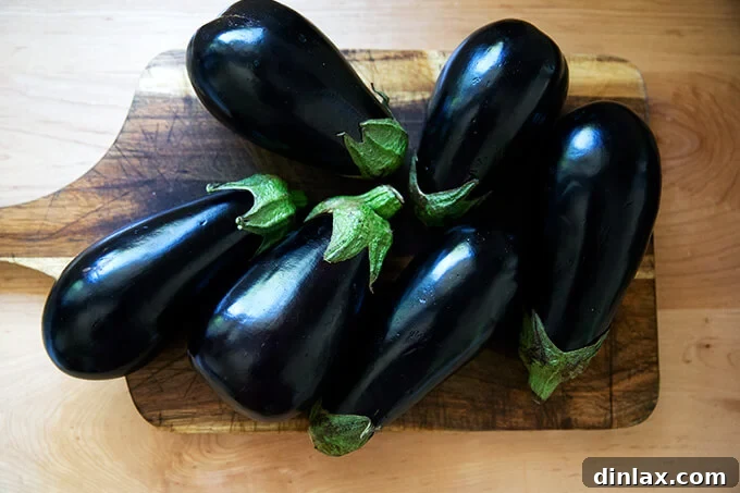 Two fresh eggplants resting on a wooden cutting board, ready for preparation.