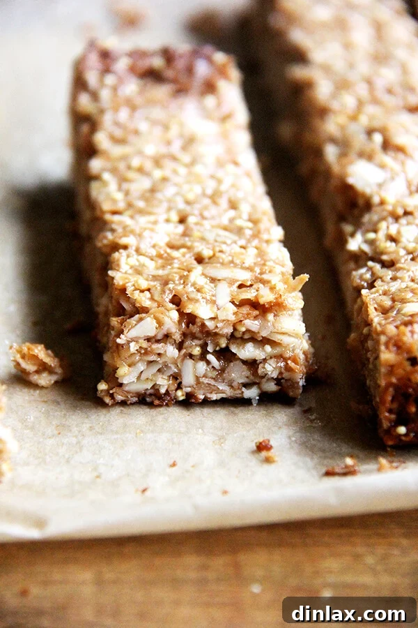 Homemade Granola Bars for Back-to-School 15 A single homemade coconut-almond granola bar, showing its hearty texture.