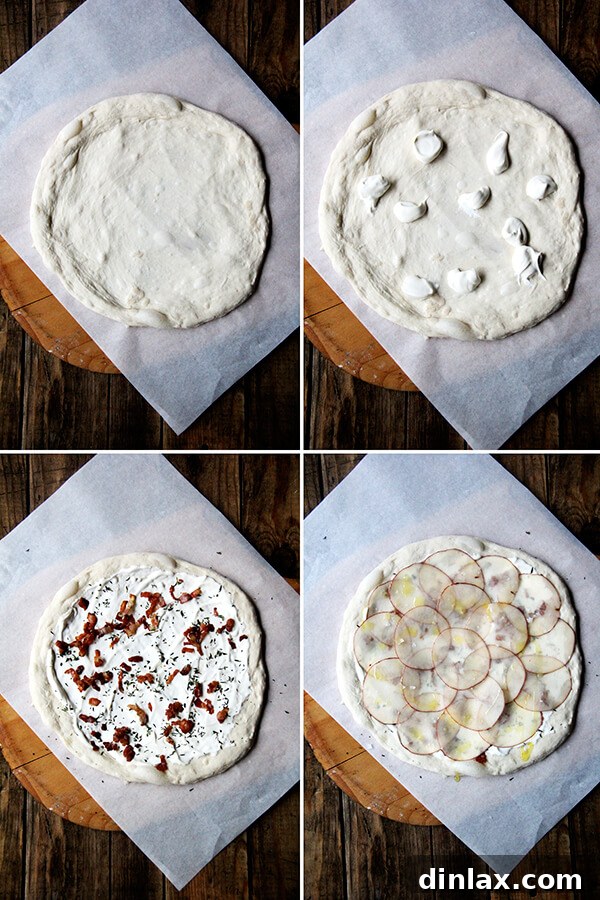 The paper-thin potatoes on this potato pizza require no pre-cooking, and a drizzle of olive oil and sea salt overtop renders additional cheese unnecessary. This has to be one of my all-time favorite pizzas (feeling bold!) though I have no doubt the fresh potatoes play a role here. Also bacon. And crème fraîche. // alexandracooks.com