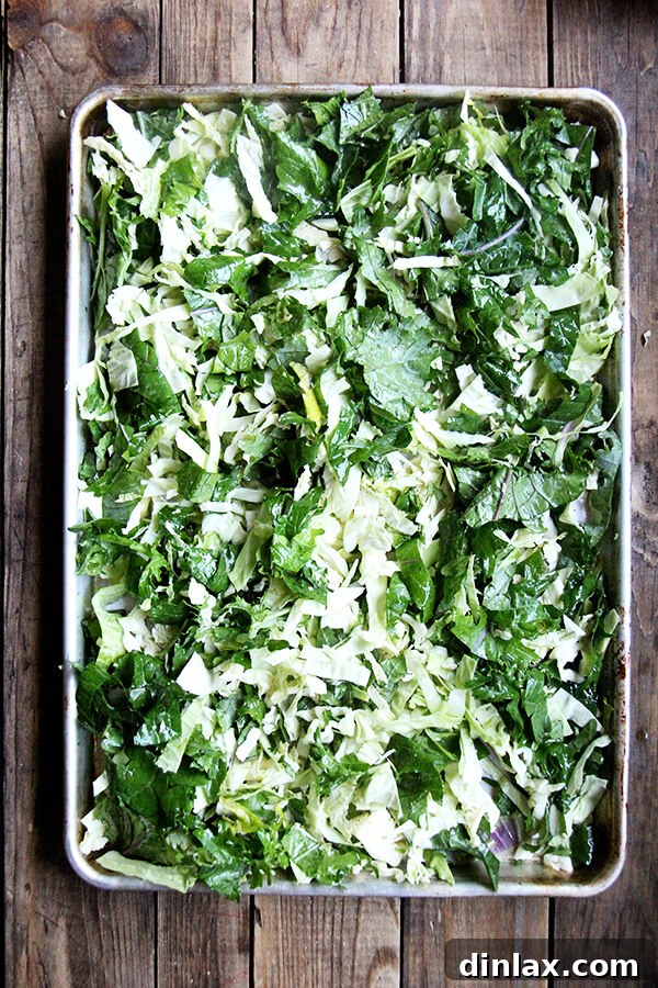 Mediterranean Freekeh Salad with Roasted Kale and Cabbage 3 Close-up of shredded cabbage and kale, showing the preparation stage before roasting for the Freekeh Salad.