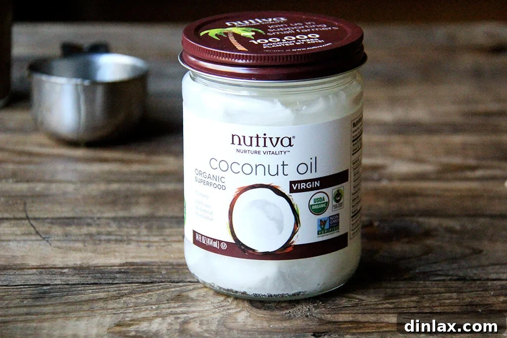 Nutiva organic coconut oil, a key 'healthy-ish' and sustainable ingredient that contributes to the smooth texture and binding of the crispy treats.