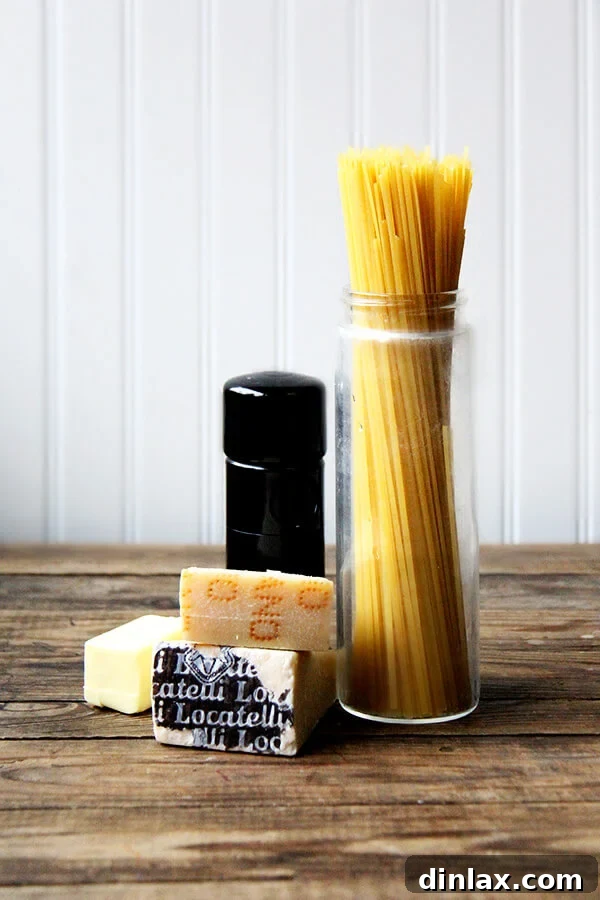 Roman Cheese and Pepper Pasta 2 A selection of fresh ingredients for Cacio e Pepe: dried spaghetti, butter, Pecorino Romano, Parmigiano Reggiano, and black peppercorns.
