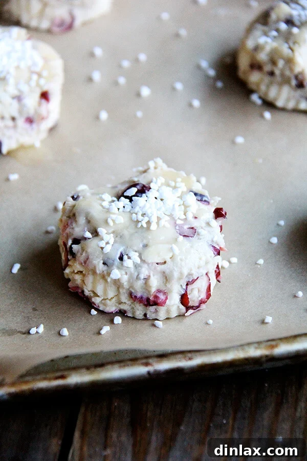 A baking tray filled with unbaked cranberry scones, each topped with a generous sprinkle of pearl sugar, ready for the oven.