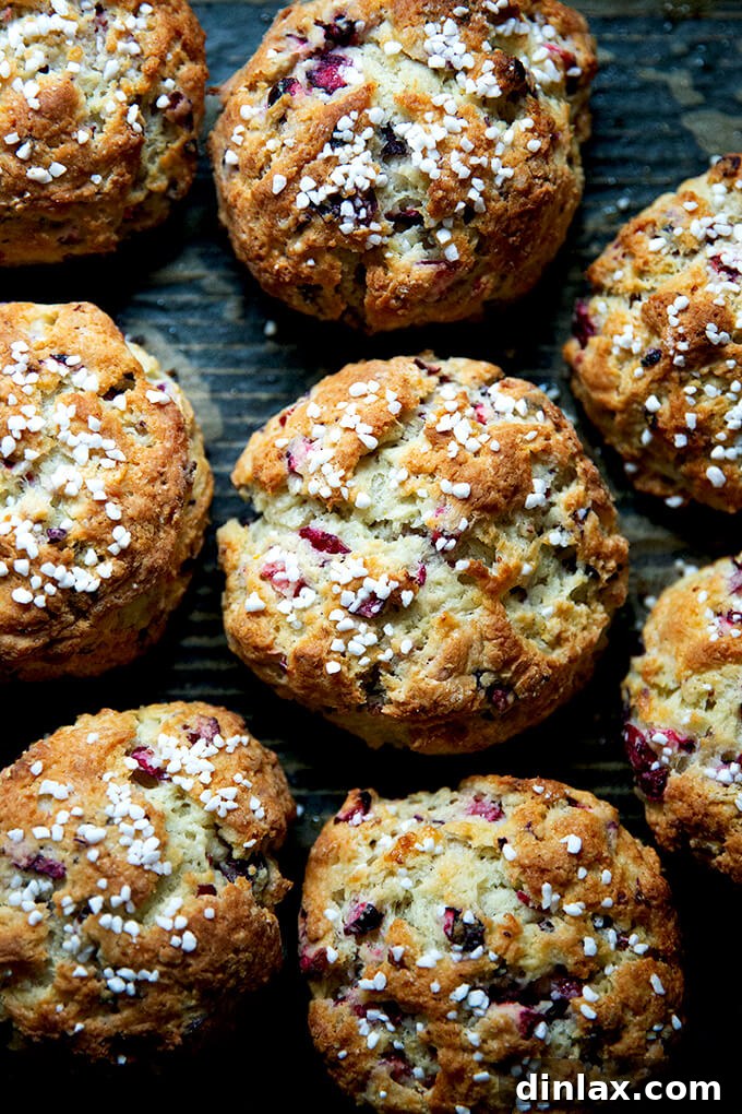 A close-up of a pile of just-baked cranberry scones, showcasing their flaky layers and golden crust.