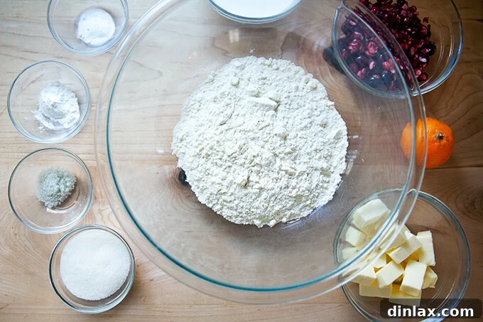 A selection of ingredients for cranberry scones laid out on a surface, including flour, sugar, cranberries, and butter.